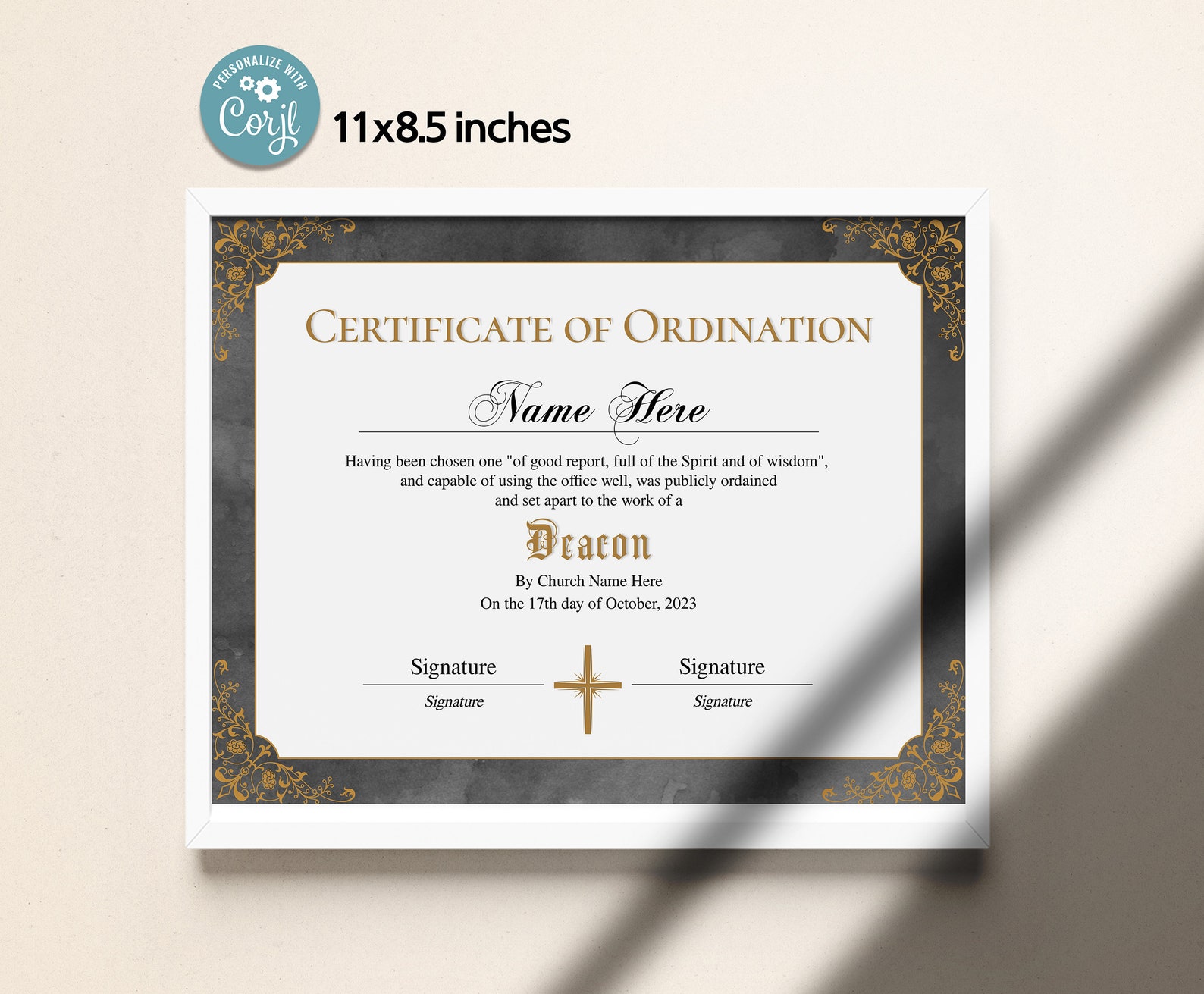 Deacon Ordination Certificate Template, 11x8.5 Printable Certificate of