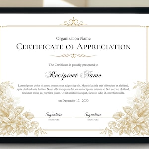 Elegant Flower Gold Certificate of Appreciation Template,  Editable 11x8.5 Appreciation Certificate, Printable Appreciation Gift Certificate