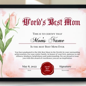 Plantilla de certificado de mejor mamá, premio editable a la mejor mamá, regalo para cumpleaños de la madre, certificado de regalo EDITABLE para mamá con flor