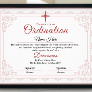 Deaconess Ordination Certificate, Printable Editable Certificate of Ordination Template, Ministry Certificate, 11x8.5 Ordained Minister