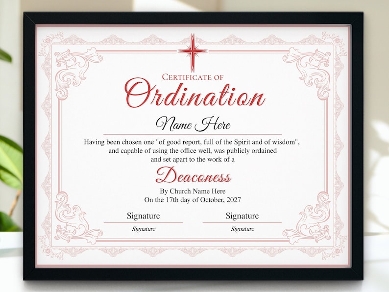 Deaconess Ordination Certificate, Printable Editable Certificate of ...