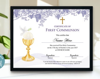 First Communion Certificate, 11x8.5 Printable First Communion Certificate Template, Gold First Communion gift, Editable DIY Certificate