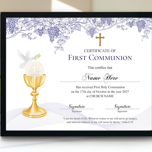 First Communion Certificate, 11x8.5 Printable First Communion Certificate Template, Gold First Communion gift, Editable DIY Certificate