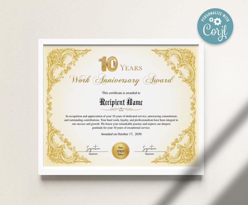 10 Years of Service Certificate Template, Editable Work Anniversary ...