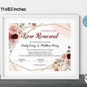 Vow Renewal Certificate Template, Editable Printable Wedding ...