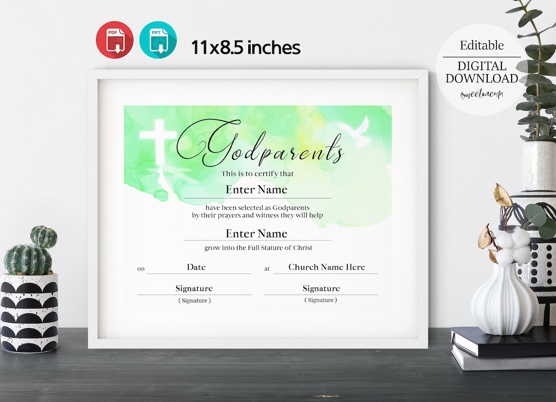 Godparents Certificate Template 11x8.5 Baptism Certificate Etsy