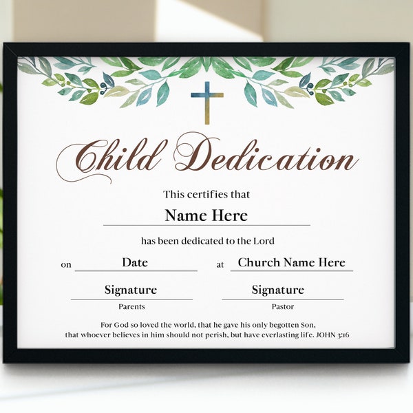 11x8.5 Child Dedication Certificate, Child Dedication Certificate Template, Editable Child Christening Dedication, Child Dedication gift