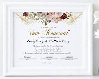 Vow Renewal Certificate Template, Editable Printable Wedding ...