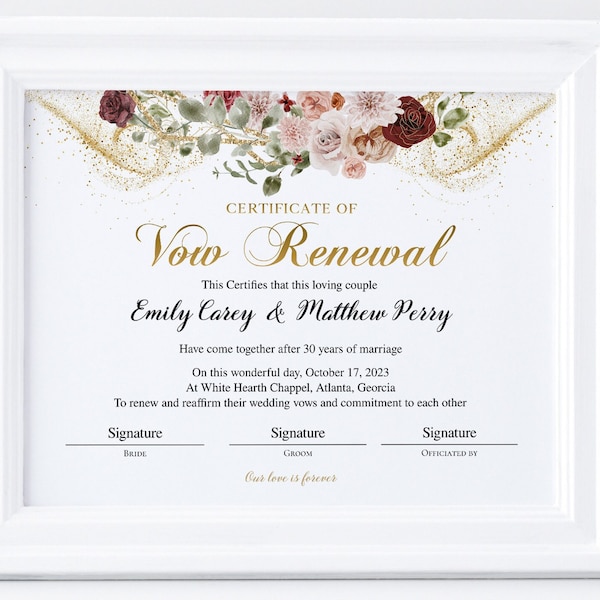 Printable Vow Renewal Certificate, Editable Wedding Certificate Template, Wedding Anniversary Keepsake, Marriage Commitment Certificate