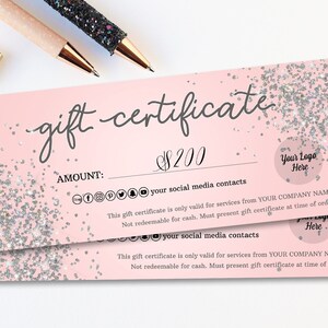 Plantilla de certificado de regalo con purpurina plateada, vale de regalo imprimible para vacaciones, diseño de certificado de regalo plateado y rosa, tarjetas de regalo de belleza rosa