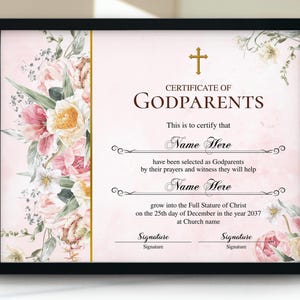 Certificado de padrinos con flor rosa, certificado de padrinos imprimible y editable, hermoso certificado, elegante certificado de padrinos para regalo.