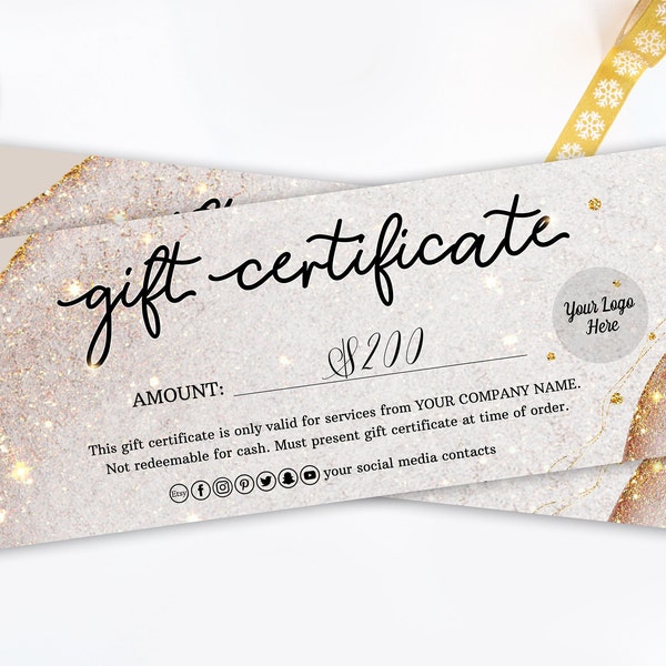 Certificado de regalo, plantilla de vale de regalo de glamour editable, brillo de oro rosa, vale de regalo de brillo de oro rosa moderno, tarjeta de regalo personalizada elegante