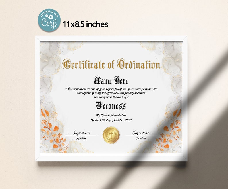 11x8.5 Deaconess Ordination Certificate Template, Ordained Minister ...