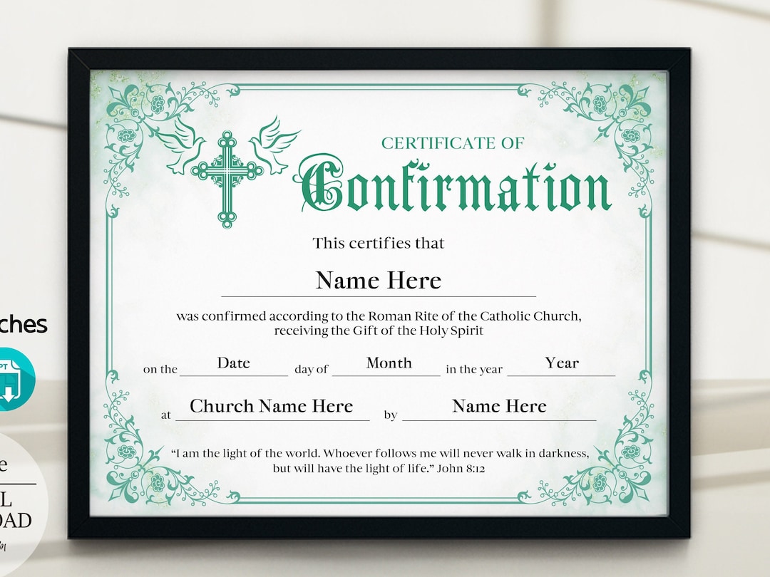 11x8.5 Confirmation Certificate, PPT, PDF Editable and Printable Green