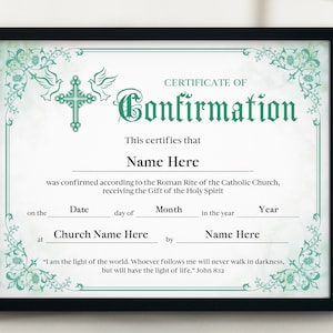Certificado de Confirmación 11x8.5, PPT, PDF Plantilla de Certificado de Confirmación Verde Editable e Imprimible, Regalos para niñas y niños católicos