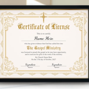 Gospel Ministry Certificate of License, Elegant Licensed Minister Certificate Template,Printable Editable Certificate of Ordination Template