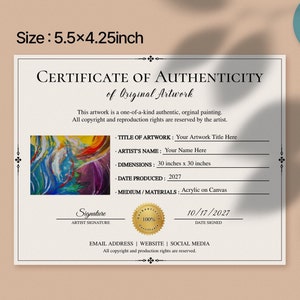Certificato di autenticità, Certificato di autenticità per opera d'arte, Modello COA stampabile 5,5x4,25, Include 4 entro 11x8,5 pollici
