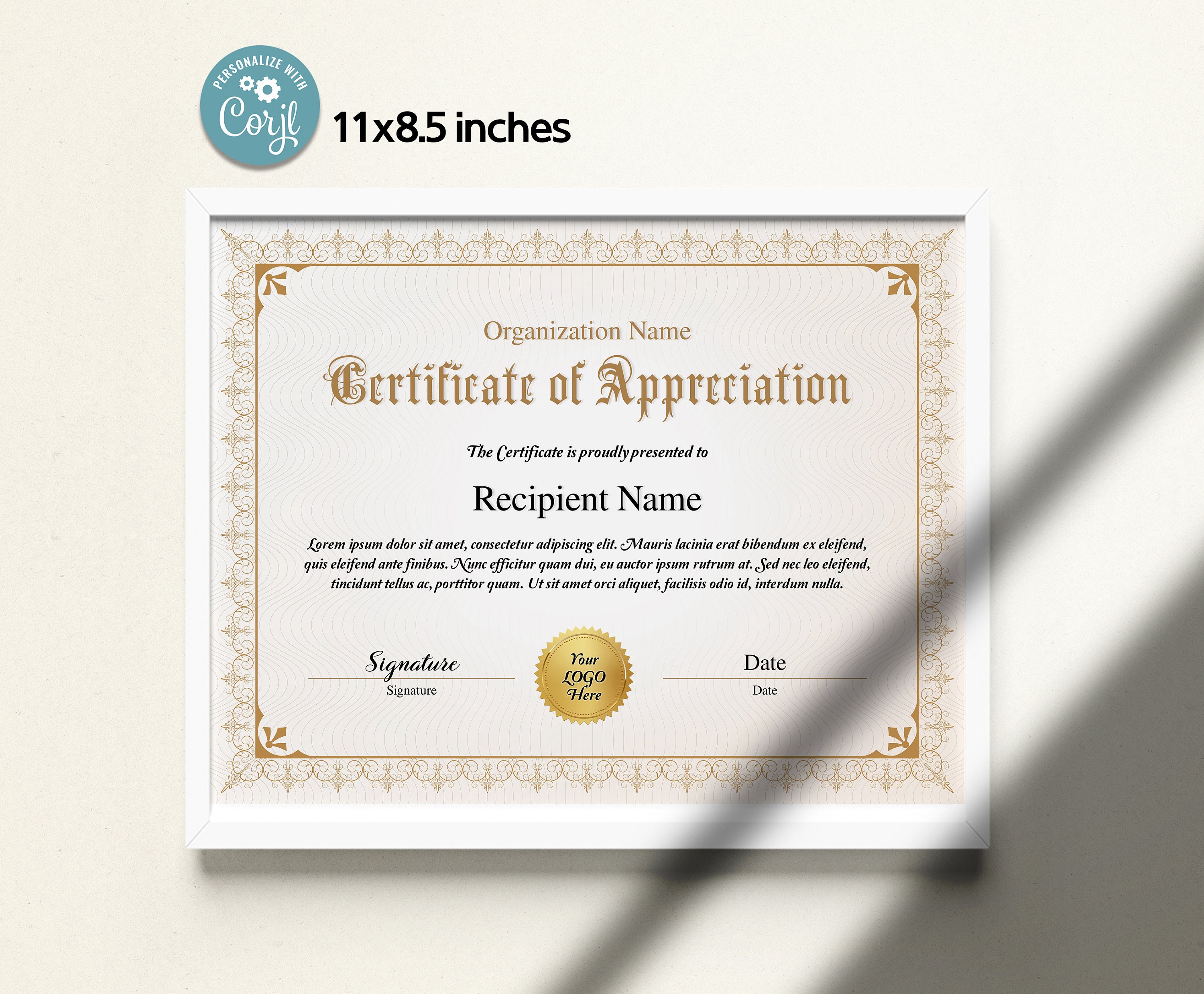 11x8.5 Certificate of Appreciation, Printable Elegant Gold Appreciation