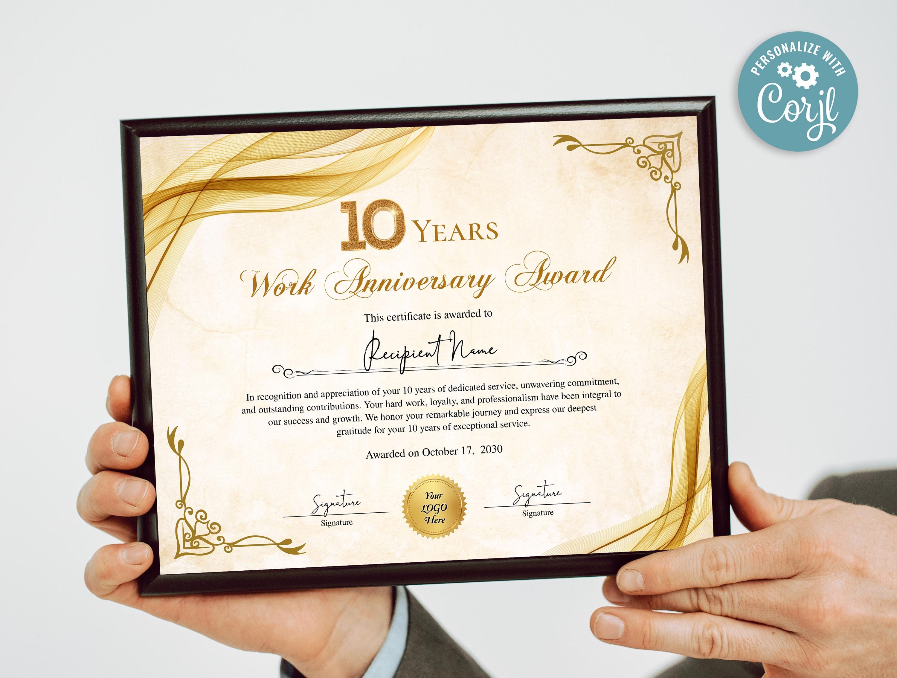 10 Years of Service Certificate, Printable Employee Recognition ...