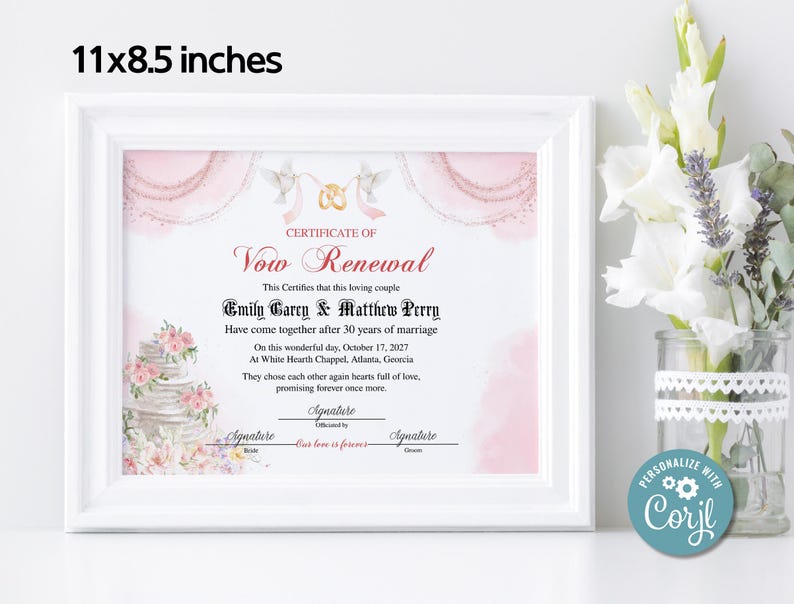 Editable Vow Renewal Certificate Template, Printable Wedding Vow Renewal Certificate, Printable Marriage Vows Keepsake, Vow Renewal Gift