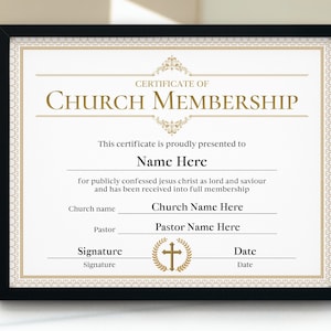 Church Membership Certificate, 11x8.5 Printable Certificate of Membership, PDF, Editable New Member Certificate, Church Templates Download