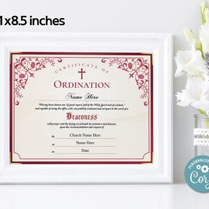 11x8.5 Deaconess Ordination Certificate Template, Ordained Minister ...