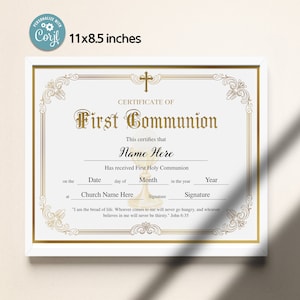 First Communion Certificate Template, 11x8.5 Printable First Communion ...