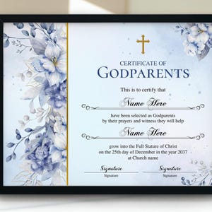 Certificado de padrinos con flor azul, imprimible y editable, elegante regalo para padrinos, certificado de iglesia de 11 x 8,5 pulgadas.