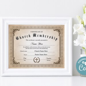 Church Membership Certificate, 11x8.5 Printable Editable Certificate of Membership, New Member ...