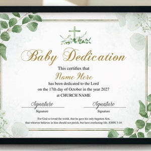 Certificado de dedicación del bebé, Certificado de dedicación del bebé de hojas verdes, Dedicación del bautizo del bebé, Plantillas de iglesia imprimibles editables
