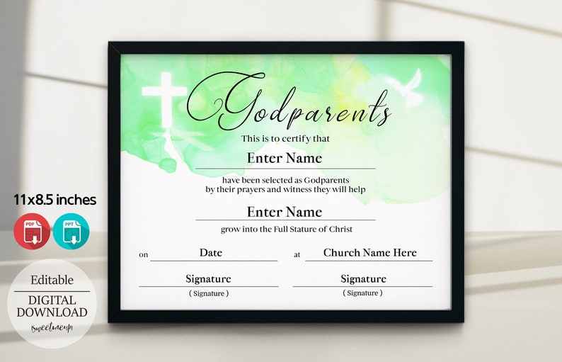 Godparents Certificate Template, 11x8.5 Baptism Certificate Download