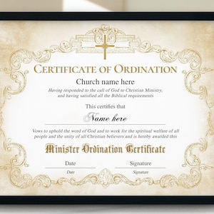 Minister Ordination Certificate Template, Editable Printable Certificate of Ordination, ordained minister, Elegant Deacon ordination, Corjl