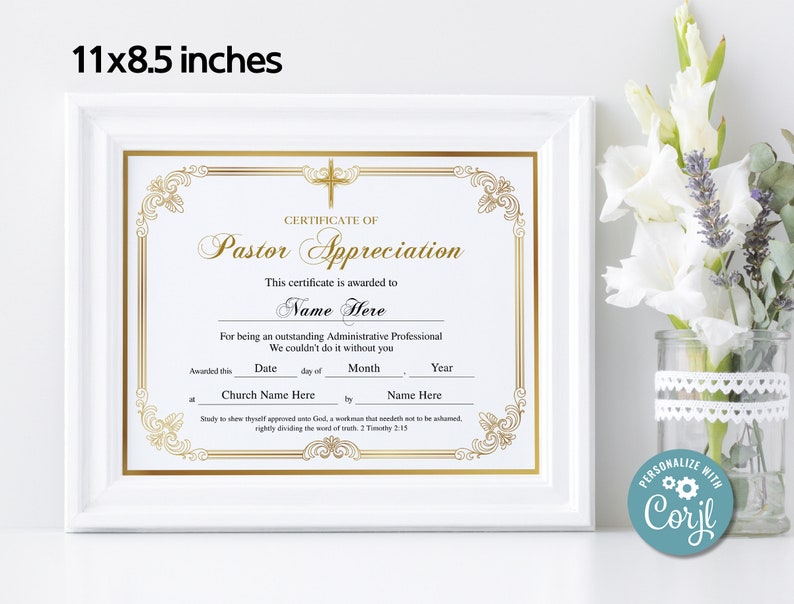 Certificate of Appreciation, 11x8.5 Pastor Appreciation Certificate, Editable Printable