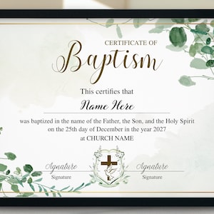 Certificado de bautismo, Plantilla de certificado de bautismo de vegetación, Regalo de bautismo de niño/niña, Certificado de bautismo imprimible editable, Dedicación infantil