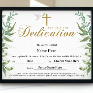 Plantilla de Certificado de Dedicación, Certificado de Dedicación de Bebé, Dedicación de Bautizo de Bebé Imprimible, Certificado de Bautismo de Bebé Niño/Niña