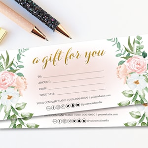 Plantilla de certificado de regalo floral, vale de regalo floral de acuarela, diseño de certificado de regalo de flores rosas, certificado de regalo moderno imprimible