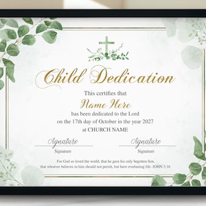 Certificat de dédicace de bébé enfant, 11x8.5 Modèle de certificat de dédicace imprimable imprimable pour enfant, Dédicace de baptême d'enfant, Baptême