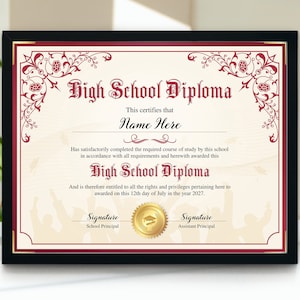 Diploma de escuela secundaria, Diploma de escuela en casa editable, Plantilla de diploma rojo imprimible, Plantilla de diploma personalizable, Diploma de equivalencia general