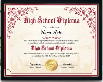 High School Diploma, Editable Home School Diploma, Printable Red Diploma Template, Customizable Diploma Template,General Equivalency Diploma