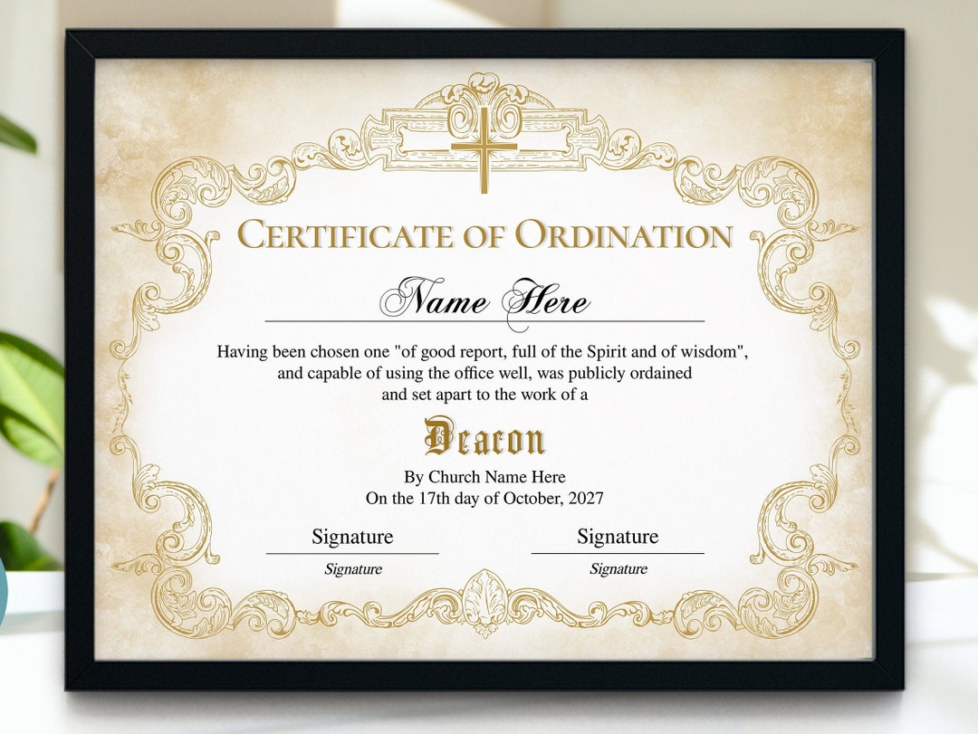 Deacon Ordination Certificate Template, Vintage Certificate of