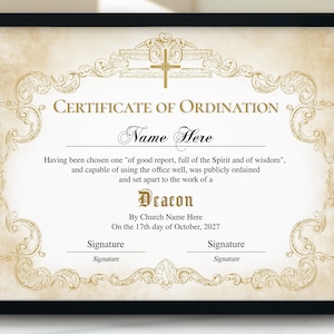 Deacon Ordination Certificate Template, Vintage Certificate of Ordination, Printable Ordained Minister, Editable Ministry Certificate, Corjl