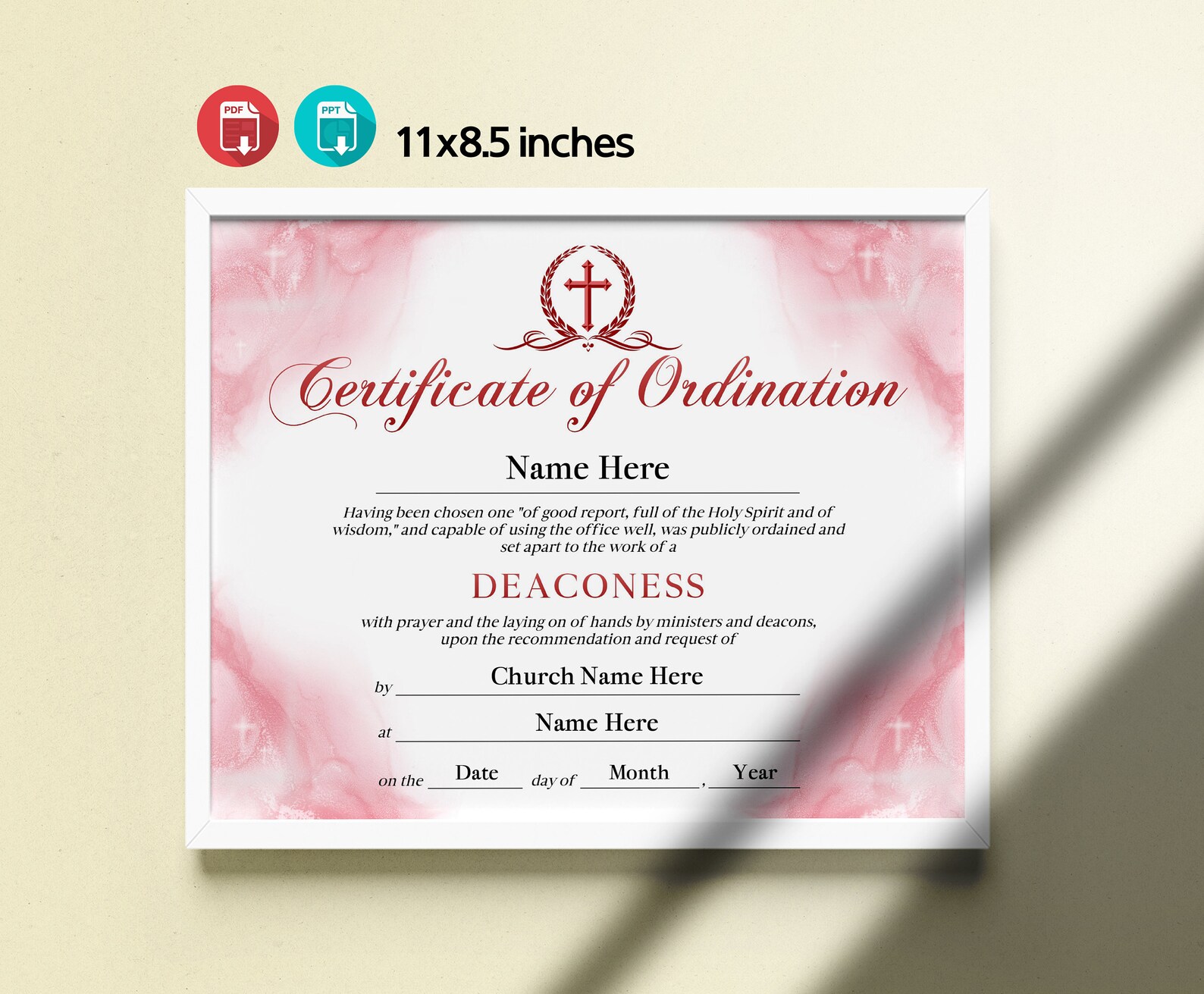 11x8.5 Deaconess Ordination Certificate, Red DIY Editable Certificate ...