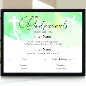 Plantilla de certificado de padrinos, descarga de certificado de bautismo 11x8.5, PDF, certificado de padrinos editable PPT, impresiones de padrinos, iglesia