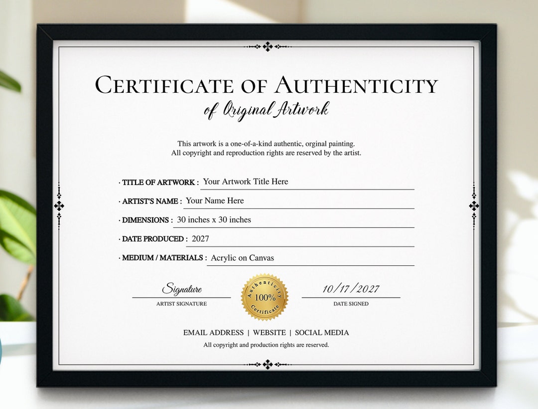 Certificate of Authenticity Template, Minimalist Artwork
