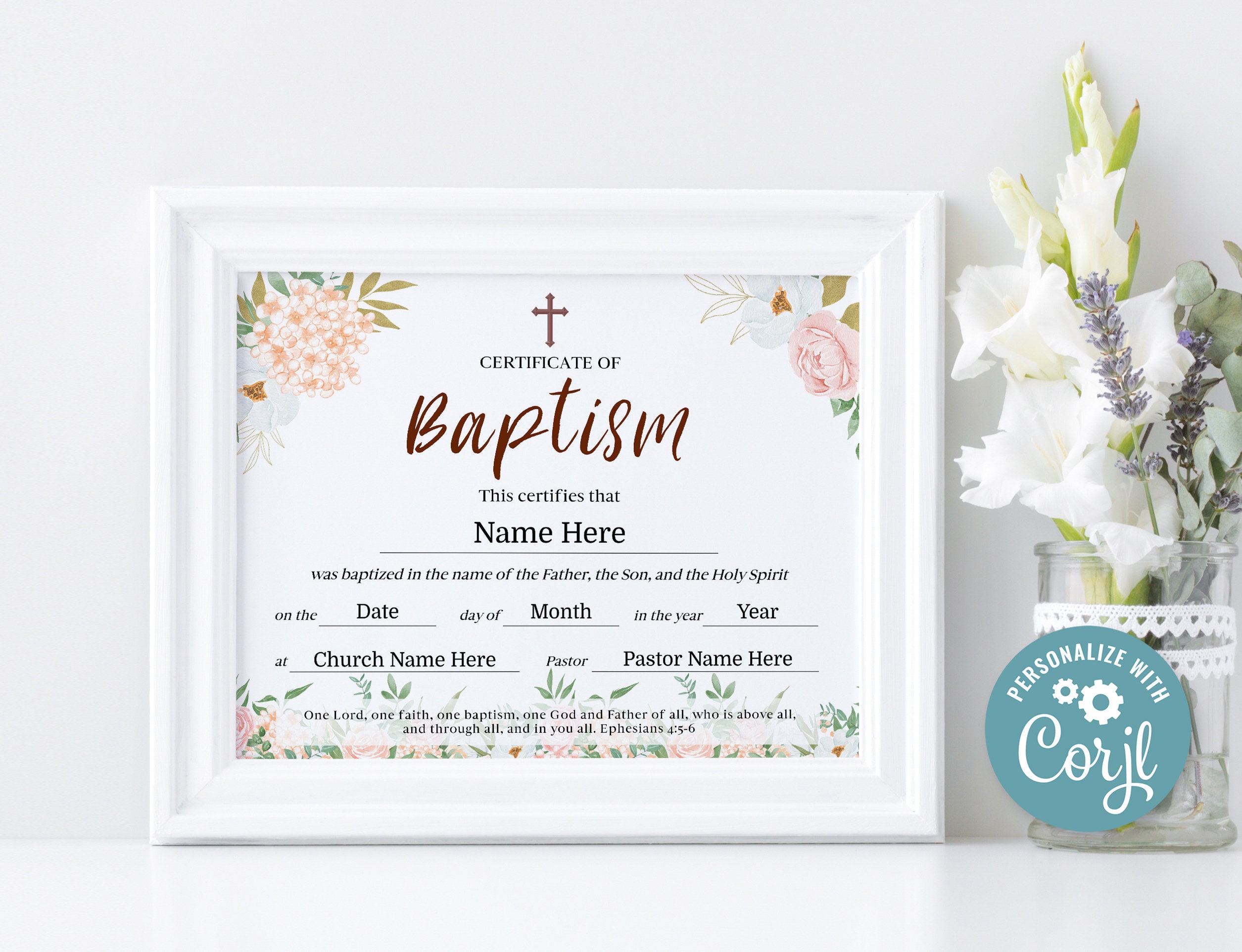 Baptism Certificate Printable, Girls Baptism Gift, Floral Baptism