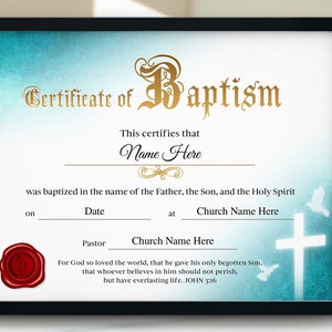Plantilla de certificado de bautismo 11x8.5, plantilla de certificado de bautismo editable, certificado de bautismo imprimible, certificados de iglesia minimalistas