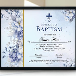 Plantilla de certificado de bautismo con acuarela de flor azul, certificado de bautismo imprimible y editable, certificado de bautismo de niño, regalo de bautismo, bricolaje