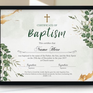 Certificado de bautismo editable, certificado de bautismo imprimible con vegetación dorada, recuerdo de bautismo, regalo de bautismo personalizado, certificado de bautizo