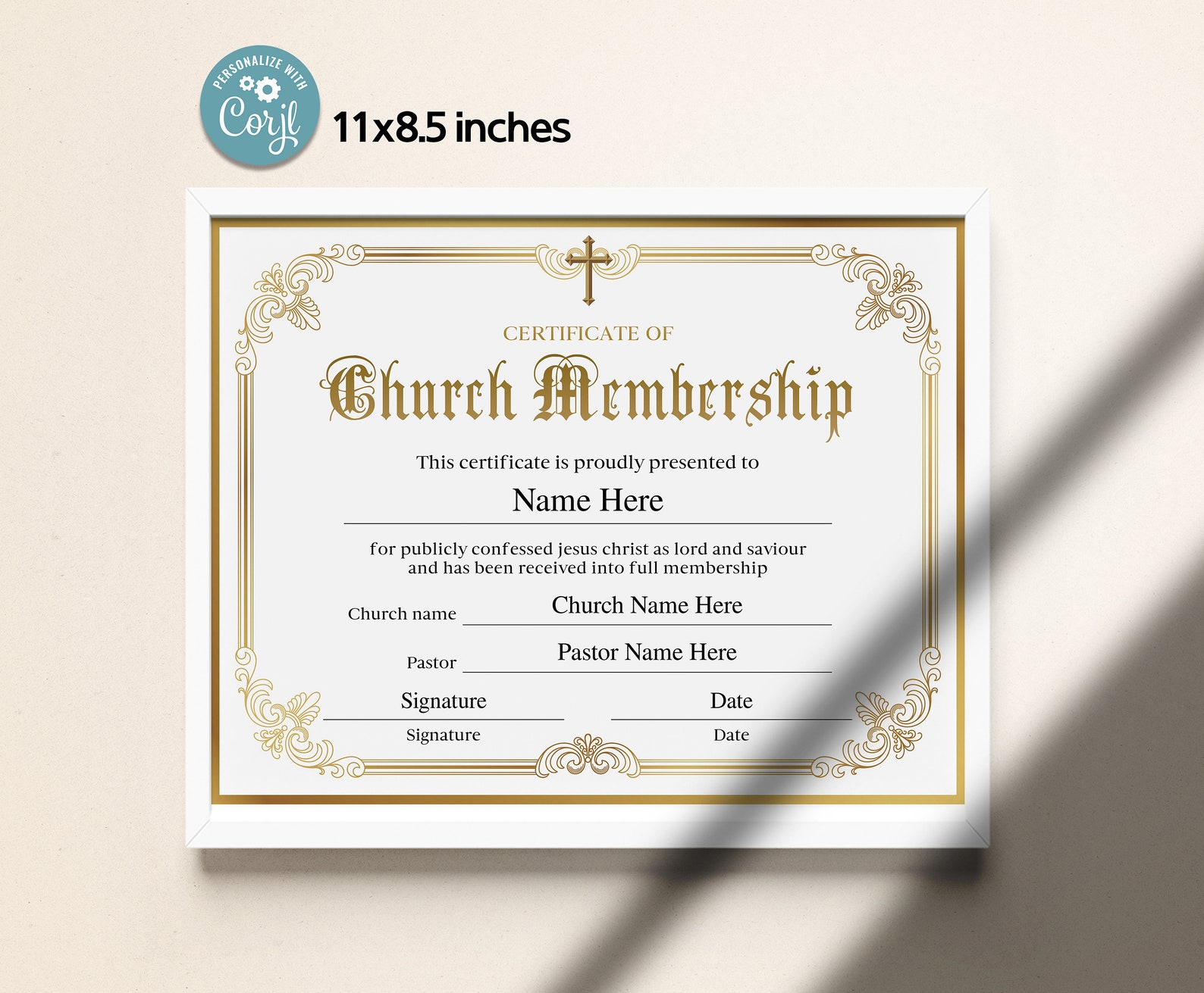 Church Membership Certificate, 11x8.5 Editable Certificate of