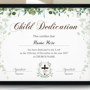 Plantilla de certificado de dedicación infantil, certificado de dedicación infantil editable, dedicación de bautizo infantil, certificado de bautismo, 11x8.5